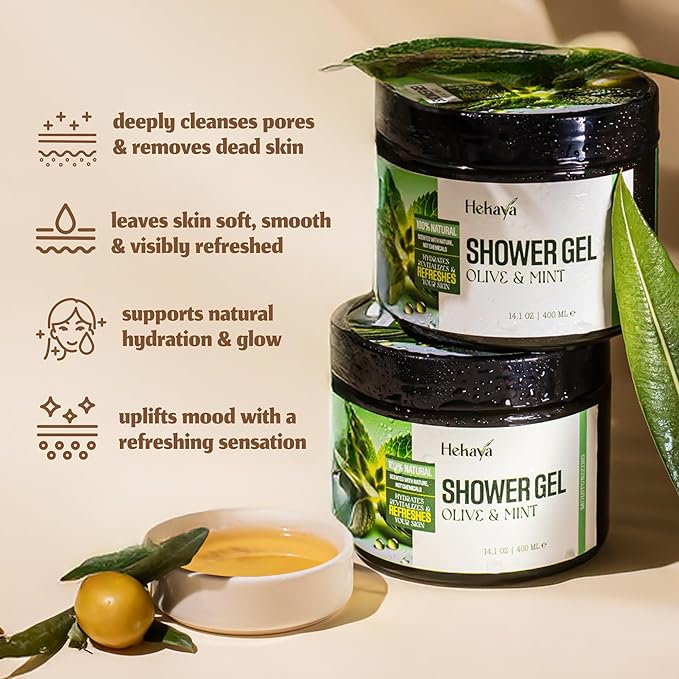 Hekaya Olive Oil & Mint Shower Gel – 14 oz | Natural Body Wash for Dry Skin | Hydrating & Moisturizing | Natural Body Wash for Women & Men | Daily Use.