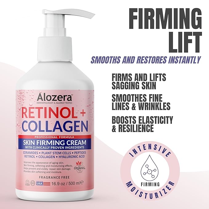 Alozera Retinol Collagen Firming Body Lotion (2-Pack) and Retinol Collagen Serum with Stem Cells – Hydrating and Firming Skincare Duo for Face, Neck and Body, Lightweight, Fragrance-Free, Made in USA