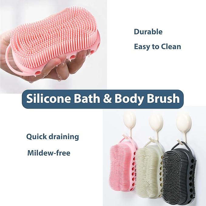 MtBoi 2PC Double-Sided Exfoliating Silicone Body Scrubber, 2-in-1 Bath Scrubber, Shampoo Brush, Silicone Loofah for All Skin Types, Shower Body Scrubber, Easy to Clean, Lather Well (Black&Pink)
