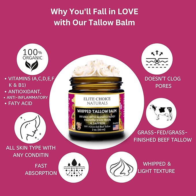 Whipped Tallow Honey Balm – Grass-Fed Beef Tallow infused with Organic Manuka Honey, Rosehip, Jojoba & Olive Oils – Nourishing Face, Neck & Body Lotion, 100% Organic (Frankincense Scent - 2 oz)