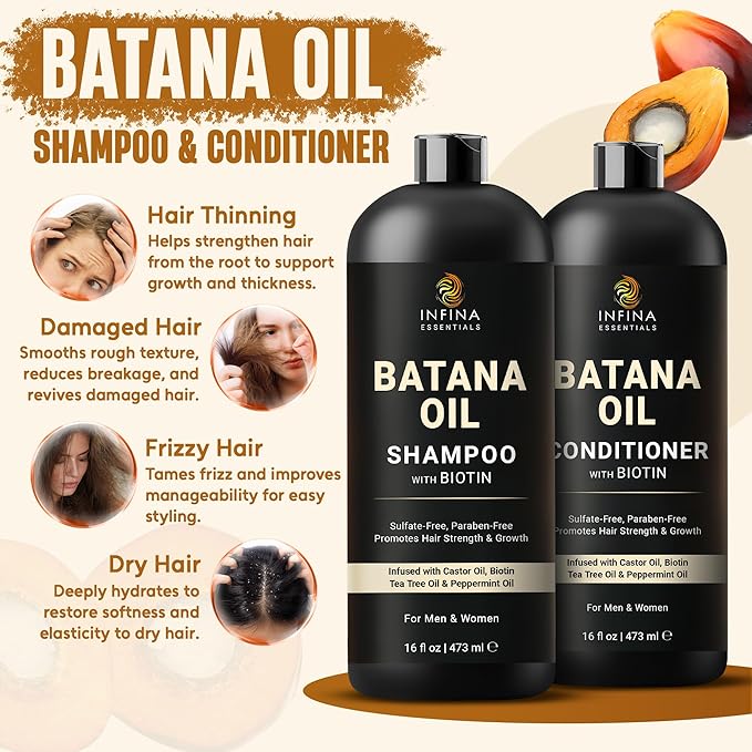 Batana Oil Shampoo and Conditioner Set | 16 fl oz Each | with Biotin & Tea Tree | Moisturizing, Strengthening & Nourishing Formula | Promotes Hair Growth and Thickness