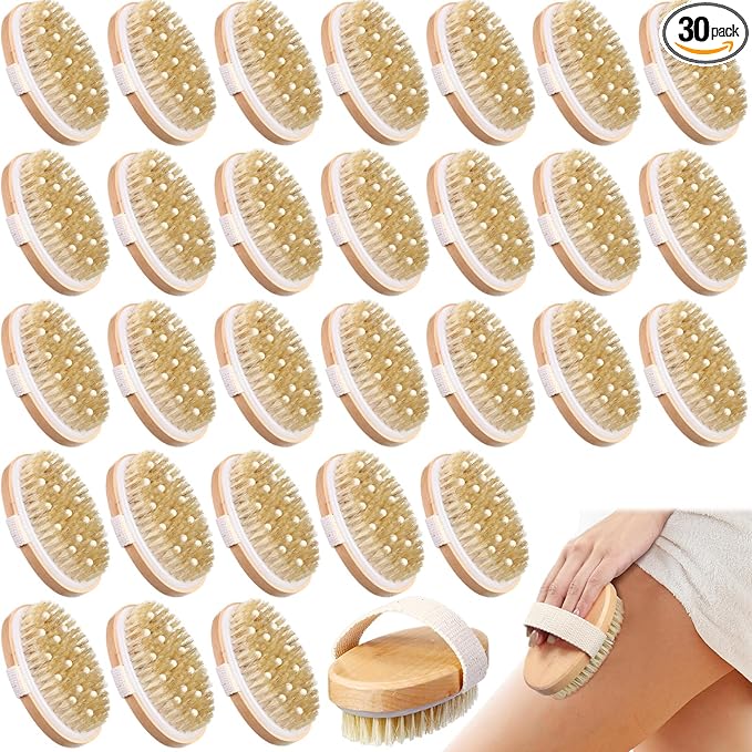 Gejoy 30 Pcs Dry Brushing Body Brush Exfoliating Brush with Massage Nodule Dry Skin Body Scrubber for Shower Bath Back Circulation Improvement Dead Skin Exfoliator (4.92 x 2.56 Inches,Wood Color)