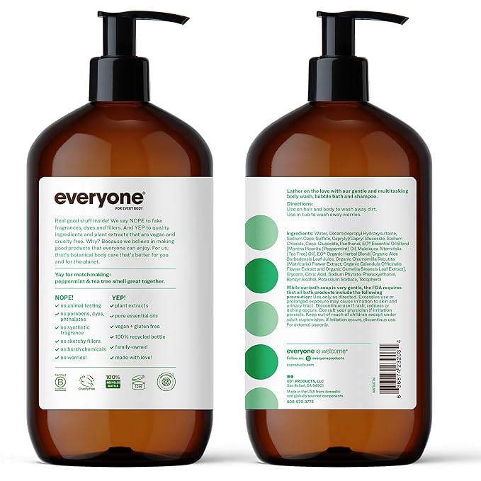 Everyone 3-in-1 Soap, Body Wash, Bubble Bath, Shampoo, 32 Ounce (Pack of 2), Peppermint Tea Tree, made with Essential Oils for Men and Women