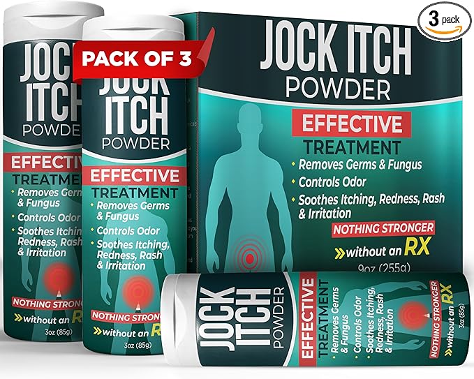 Jock Itch Powder with Miconazole Nitrate 2% & Tea Tree Oil for Itch, Odor & Rash Relief | Jock Itch Treatment Removes Germs & Fungus | Soothes Burning Skin & Reinfection | Pack of 3