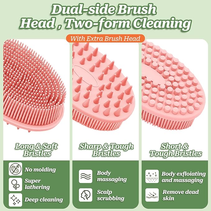 Silicone Back Scrubber for Shower, Gentle Shower Scrubber for Lathering, Softe Silicone Loofah with Two Replaceable Brush Heads, Good for Kids, Sensitive Skin(Pink-Two Heads)