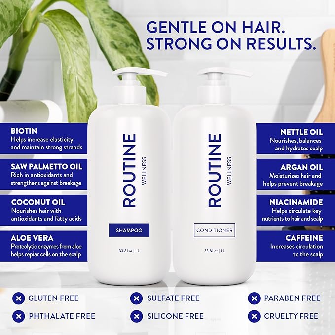 Routine Wellness 1 Liter Anti-Thinning Volumizing Shampoo and Conditioner Set for Thinning Hair & Hair Loss - Grow Your Confidence with Biotin & DHT Blockers - 1 Liter Coconut & Vanilla Set