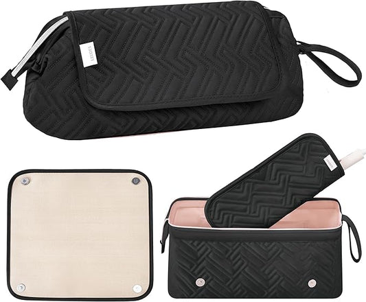 Leudes Hair Tools Travel Bag for Women Heat Resistant Mat for Travel Essentials Hot Tools Straighteners,Flat Irons,Curling Iron,Hot Air Brushes and Hair Dryer Organizer Bags 2 in 1 (BlackA)