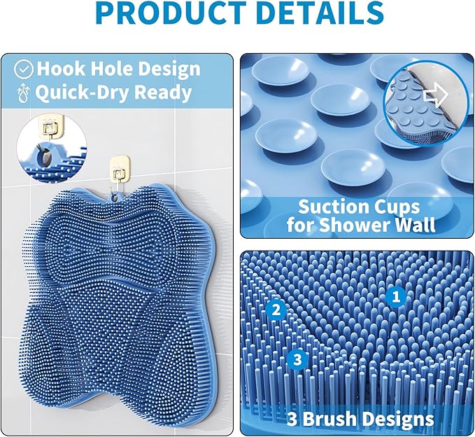 Show Foot Scrubber Mat & Silicone Back Scrubber with Butterfly Form Design,3 Brush Designs for Deep Cleaning Shower Foot Scrubber Mat, Wall Mounted Back Scrubber Silicone Bath(Blue)