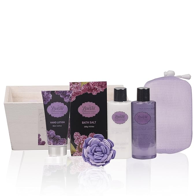 Spa Gift Basket with Lavender Fragrance and Lilac Color - Bath and Body Set Includes Shower Gel, Body Lotion, Hand Lotion, Bath Salt, Flower Sponge and EVA Sponge