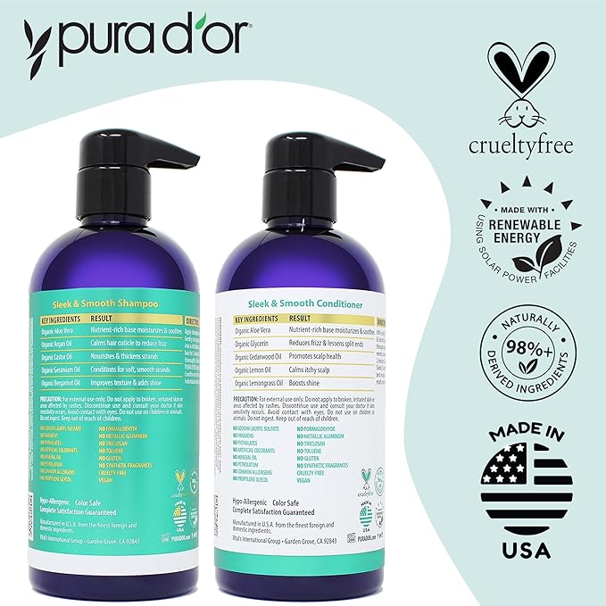 PURA D'OR Sleek & Smooth Conditioner (16oz) Anti-Frizz Formula For Luminous Hair, Easy to Comb, Detangling and Moisturizing, with Organic Aloe Vera, Organic Cedarwood Oil & Lemon Oil