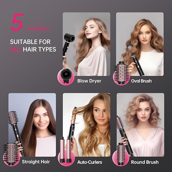 SKIMI 110,000 RPM Brushless Motor Hair Dryer Brush - 5 Muti-Styler for Fast Drying, Curling, Volumizing & Straightening | High-Speed Hot Air Brush for All Hair Types (Black & Pink Gold)