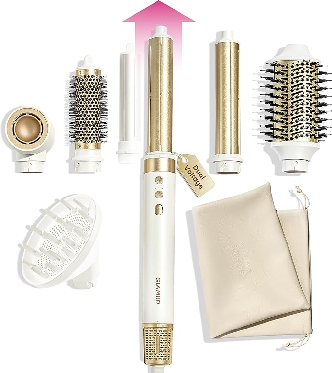 GLAMUP® Dual Voltage 6 in 1 Hot Air Styler, Upgraded Long Barrel, Diffuser, Round Brush, Powerful High Speed Dryer, Tight Grip, Curling Volumizing Gift Set with Bag, Travel Friendly