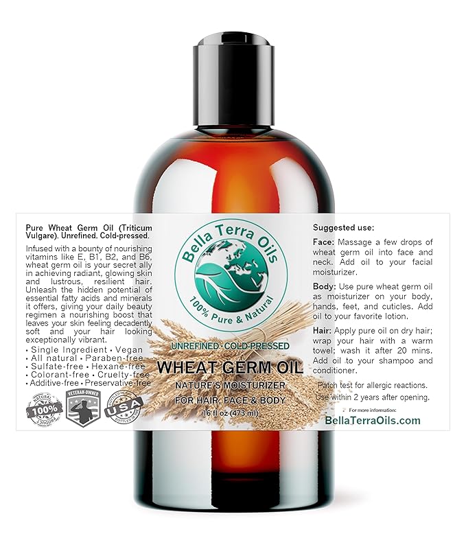Bella Terra Oils - Organic Wheat Germ Oil 16 oz - Revive Your Radiance with High Vitamin E Infusion, Sublime Face Oil Rich in Essential Vitamins