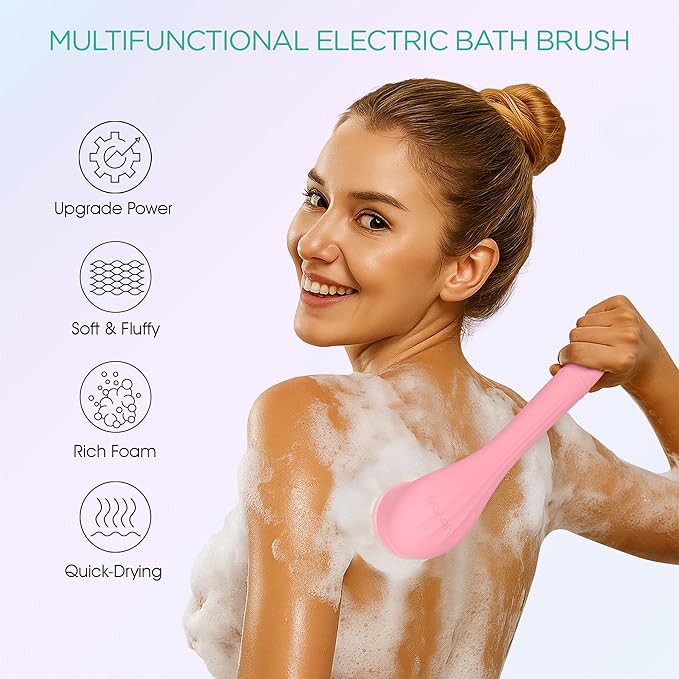VOYOR Electric Body Brush Back Scrubber Silicone Body Scrubber Two-Way Rotating Brush Head for Deep Cleaning, Exfoliation, 4 Attachments Long Handle IPX6 Rechargeable Shower Brush BC300 (Pink)