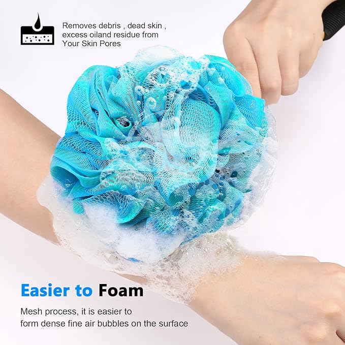 Loofah on a Stick PE Soft Mesh Luffa with Non-Slip Wooden Handle Made of Soft and Sturdy Rubber Material Back Scrubber for Shower for Women and Men with String for Easy Hanging(Green Blue)