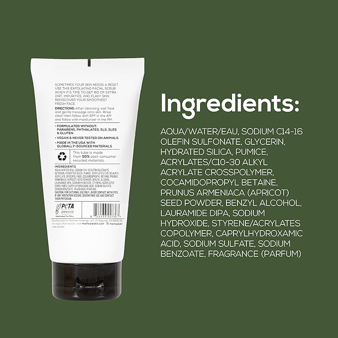 MARLOWE. No. 122 Facial Scrub 6 oz, Gentle Face Exfoliator with Apricot Seed Powder & Pumice, Cleanses & Smooths, Fresh Pine & Agarwood Scent