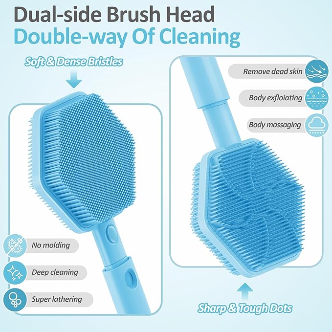 Silicone Back Scrubber for Shower, 16''-21''Extendable Shower Back Scrubber with Dual-Side Large Brush Head, 3-Length Back Brush Bath Brush with Strong Handle & Rich Foaming Bristles(Blue)