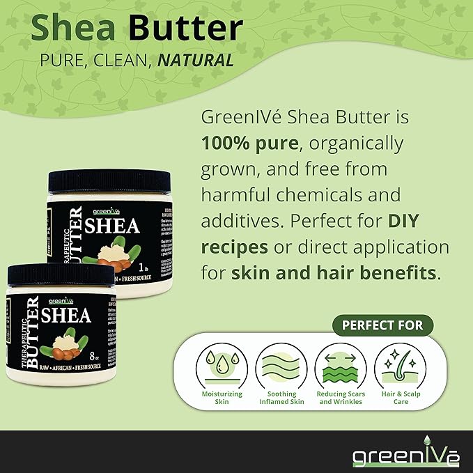 GreenIVe Shea Butter Raw 100% Pure Unrefined Ivory Shea Butter Grade A West African Karite Nut Butter for DIY Butters Lotions Creams Soaps Balms Lip Care Hair Body Moisturizer Massage Butter Jar 8oz