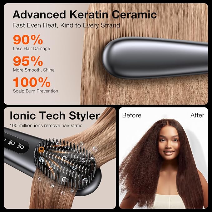 llano Portable Cordless Hair Straightener Brush, [2024 Upgraded] 6400 mAh USB Rechargeable, Lightweight Mini Portable Hair Straightening Comb for Travel/Home/Outdoor