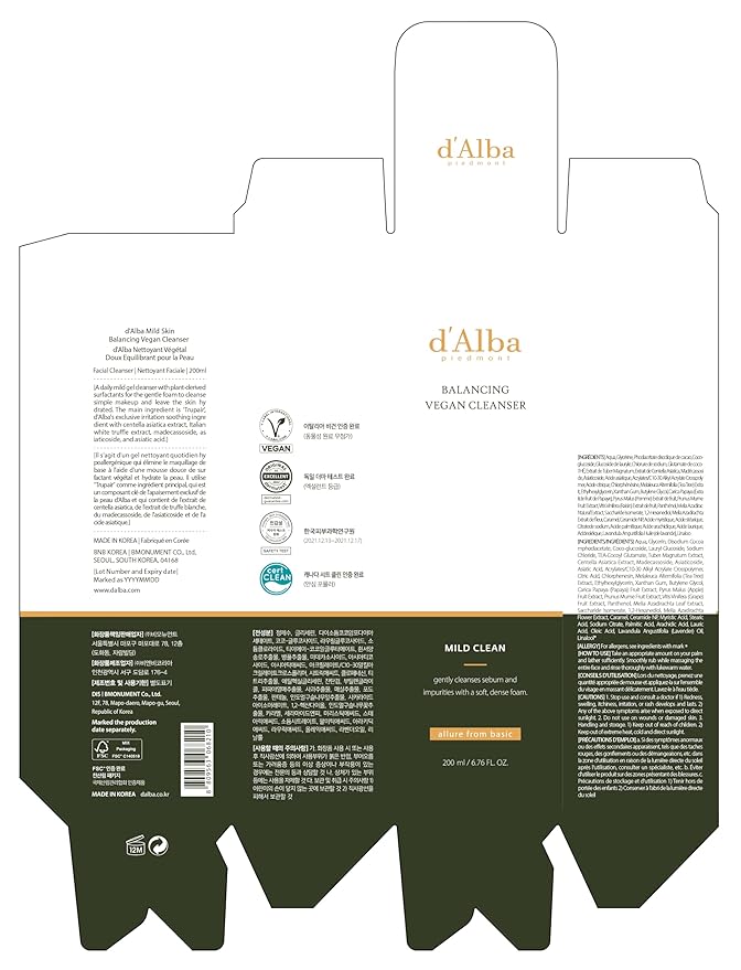 d'alba Piedmont Italian White Truffle Mild Skin Balancing Vegan Cleanser, Hydrating and Calming, Mild pH Cleanser with White Truffles for Sensitive Skin, Non-Tightening Gentle Formula