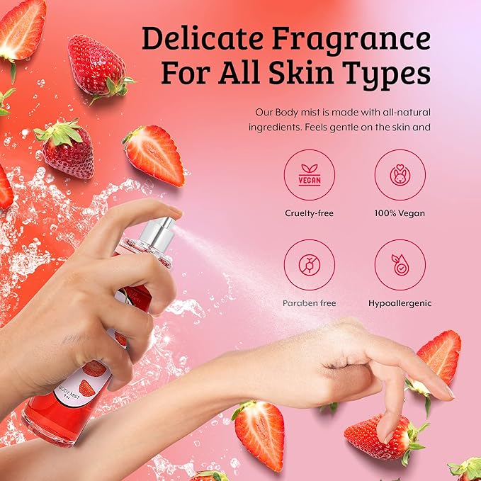 Home Spa Gift 10oz Deep Moisturizing Fragrance Body Lotion & 8 oz. Fine Fragrance Body Mist Set Luxury Self-Care Combo for Women and Girls (Strawberry)