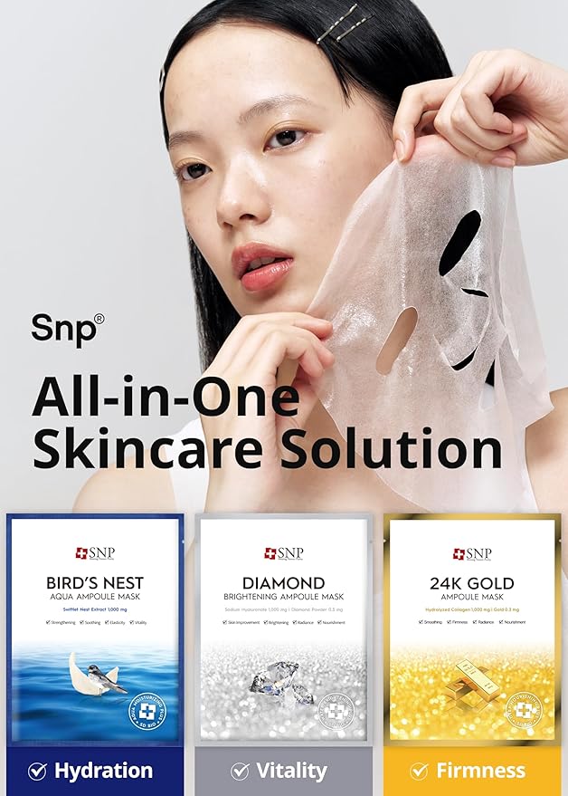 SNP Variety Ampoule Sheet Mask Set | Bird's Nest, 24K Gold, and Diamond Face Mask | Hydrating, Moisturizing, Nourishing for Sensitive Facial Skin | Korean Face Masks Skincare | 12 Sheets