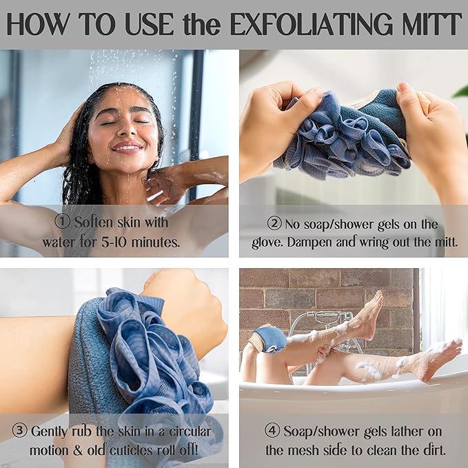 Deep Exfoliating Mitt Double-Sided Glove for Shower, with Long Exfoliating Washcloth Towel - Extreme Body & Back Scrubber Exfoliator, Body Massage Scrub & Bath Shower Loofah Sponge (2-Blue)