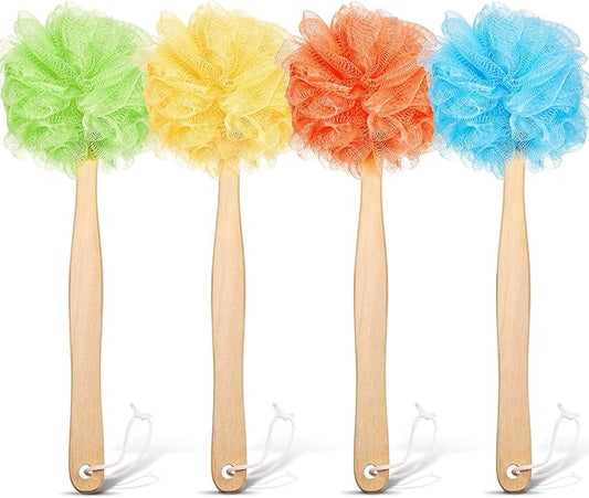 4 Pieces Loofah Back Scrubber Bath Sponge with Wooden Handle Long Handle Sponge Mesh on a Stick for Shower Exfoliating Bath Body Brush Luffa Back Brush for Women Men (Blue, Orange, Yellow, Green)