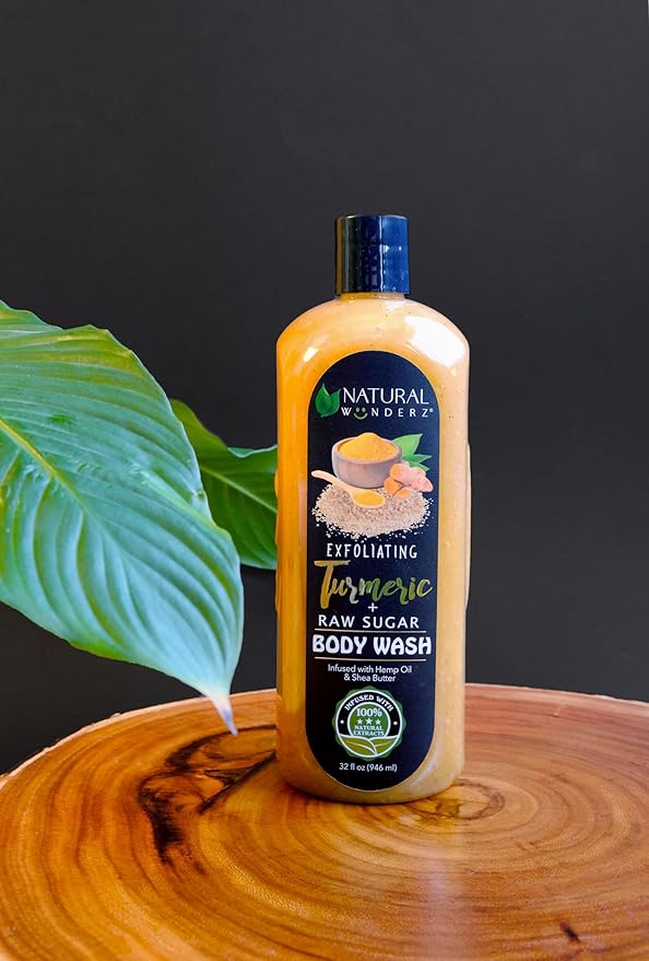 Natural Wunderz Body Wash with Turmeric and Raw Sugar, 32 Fl Oz, Exfoliating Gentle Cleanser and Shower Gel for all skin types, Vegan, Sulfate Free, and Cruelty Free Body Scrub