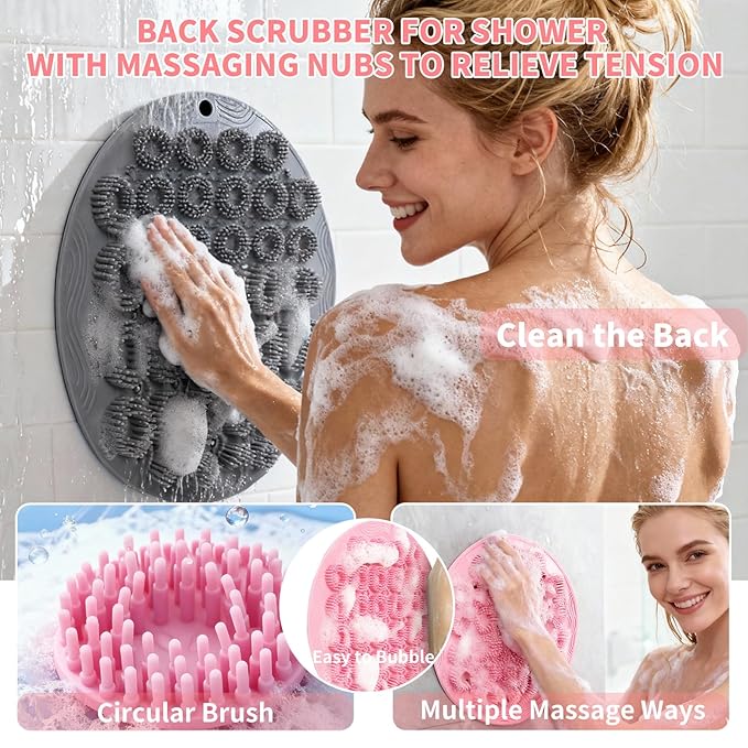 Shower Foot Scrubber Mat & Silicone Back Scrubber with Soft Silicone Bristles,Quick Drying Foot Scrubber in Shower,Deep-Cleaning Wall Mounted Back Scrubber Bath(Pink)