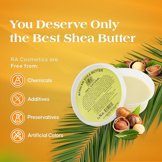 RA COSMETICS 100% Pure Shea Butter, Ivory - 8oz | 100% Pure and Natural Body Butter for Radiant Skin | Ultra-rich Moisturizer for Dry Skin, Stretch Marks, Wrinkles and Blemishes - Sourced from Ghana
