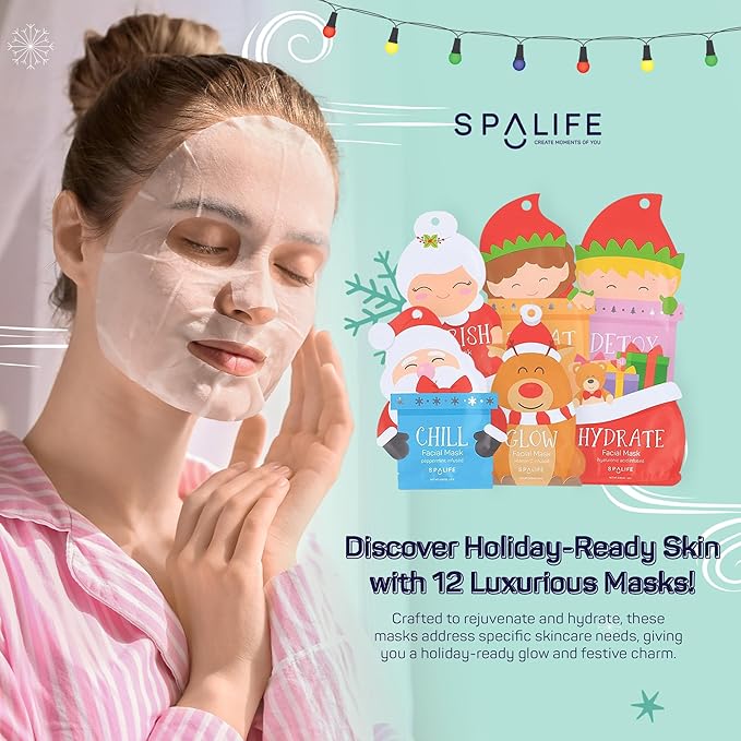 SpaLife Beauty Santa’s Squad Christmas Face Mask Bundle | Korean Facial Masks | Hydrating, Soothing, Complexion Enhancing and Firming Sheet Mask Set | Christmas Gifts for Women | 12 Pack