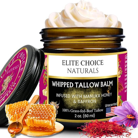 Whipped Tallow Honey Balm – Grass-Fed Beef Tallow infused with Manuka Honey, Rosehip, Jojoba & Almond Oils – No Essential Oils, Nourishing Face, Neck & Body Lotion, 100% Organic (Unscented - 2 oz)