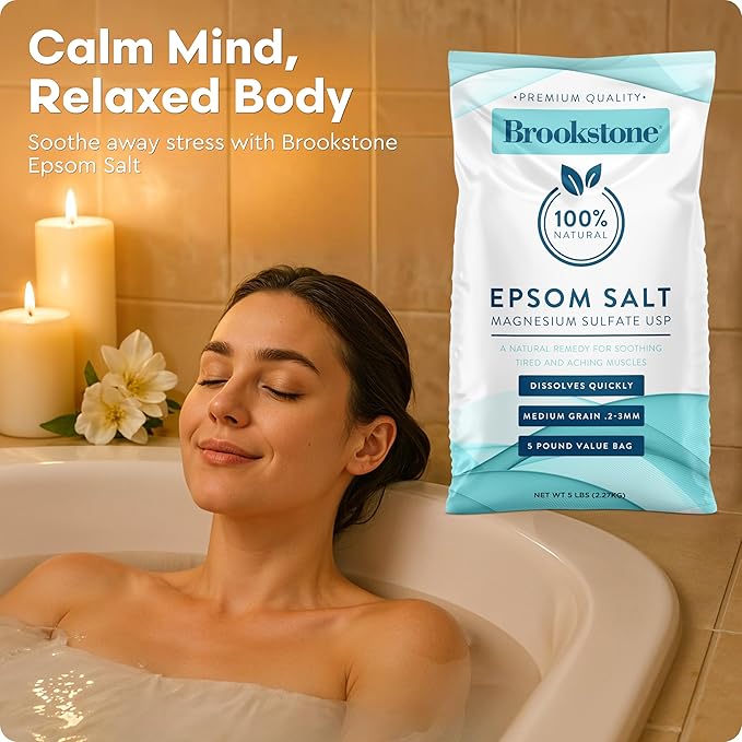 Brookstone 5 lb Epsom Salt Bulk Bag - Premium Magnesium Sulfate USP, Medium Grain Unscented Bath Soak Salt - Pure Epsom Salt for Bath, Foot Soak, Muscle Relief, Stress Relief & Skin Care
