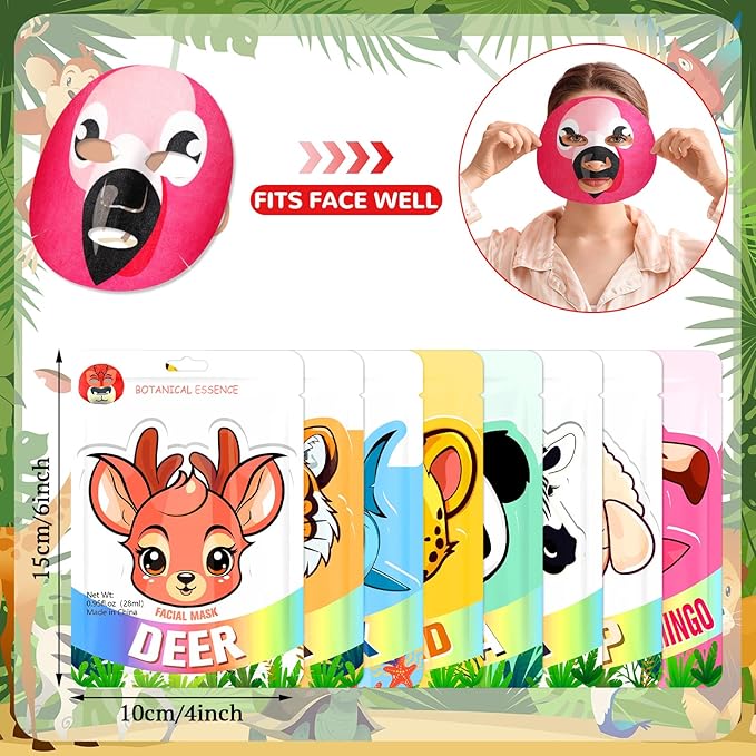16 Pcs Animal Face Masks Bulk Spa Sheet Skincare Facial Mask Funny Face Skin Care for Women Girls Sleepover Slumber Party