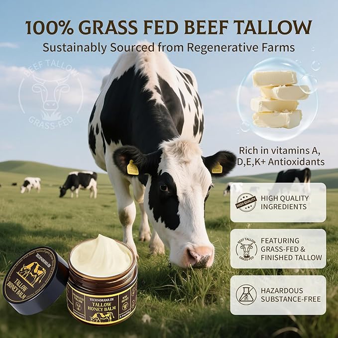 Beef Tallow for Skin，Natural Grass-Fed Beef Tallow and Honey Balm for Face & Body，Whipped Moisturizer for Most Skin Types and Sensitive Skin(60g/2.1oz)