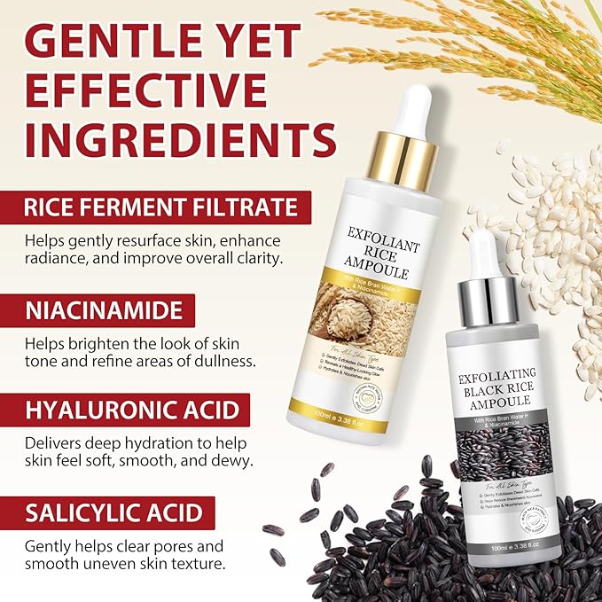 Rice Exfoliating Ampoule Set, Peel Shot Glow Rice Ampoule Duo,Duo for Gentle Peel + Pore Minimizing & Deep Hydration,Body Black and White Rice Exfoliating for All Skin Types 6.76 fl.oz