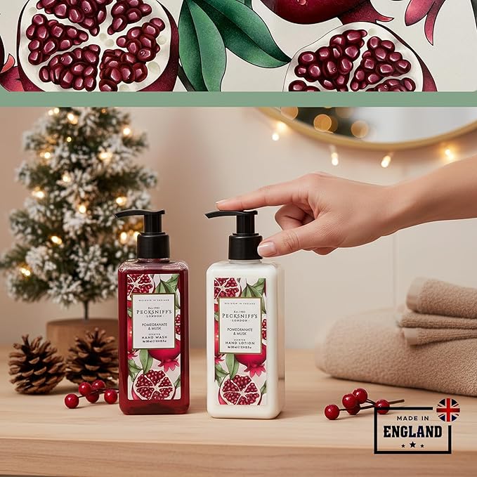 Pecksniffs Moisturizing Hand Wash and Hand & Body Lotion Caddy Set - Enchanted Winter Hand Care Duo, Pomegranate & Musk, Hard Box
