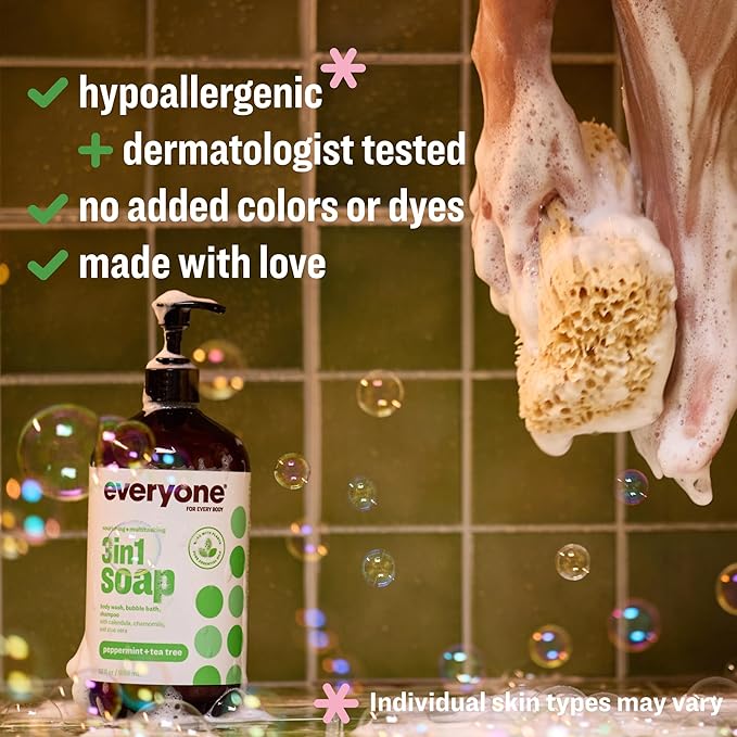 Everyone 3-in-1 Soap, Body Wash, Bubble Bath, Shampoo, 32 Ounce (Pack of 2), Peppermint Tea Tree, made with Essential Oils for Men and Women