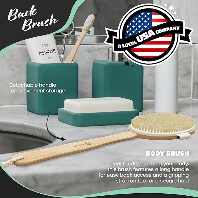 Nevlers Natural Boar Bristle Dry Brushing Set | 4-Piece Body Brush Kit for Exfoliating, Lymphatic Drainage & Circulation | Body Brush, Face Brush, Long-Handled Back Brush + Storage Bag