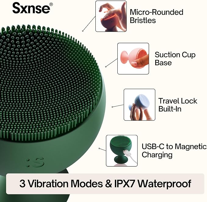 Palm Face Clean Pro⁺ - Electric Silicone Face Scrubber for Acne with 7000+ Sonic Pulses - IPX7 Waterproof Rechargeable Exfoliator with Slip-Free Grip, 3 Speed Settings & Phthalate-Free - Forest