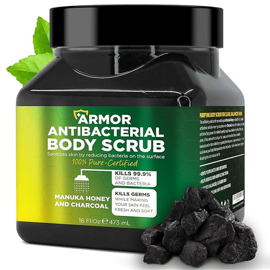Antibacterial Body Scrub | Manuka Honey & Charcoal | Kills 99.9% of Germs & Bacteria | Body Scrub Exfoliator Deep Cleansing & Purifying for Smooth, Fresh & Soft Skin | 16 fl oz
