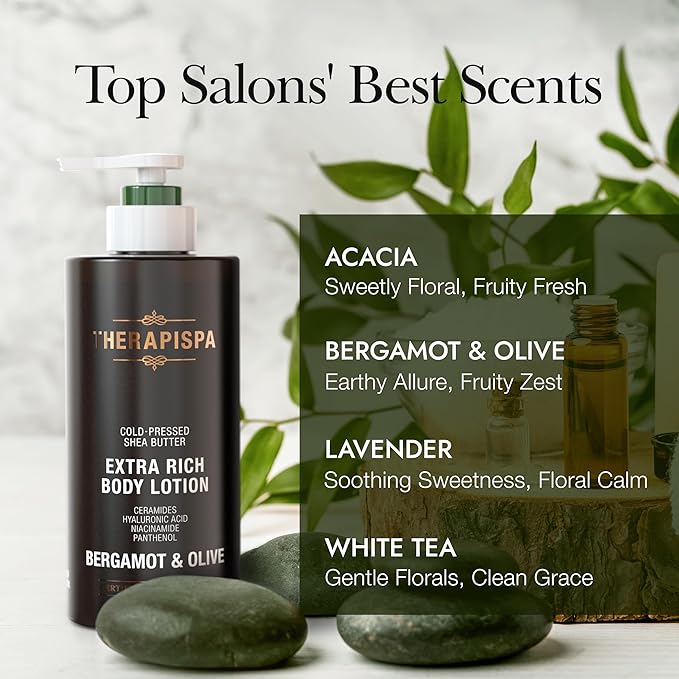 THERAPISPA Scented Body Lotion for Women – Refreshing Moisturizer with Shea Butter, Ceramides & Panthenol to Revive & Nourish Dry Skin – Used by All Genders (Bergamot & Olive, 17.0 fl oz)