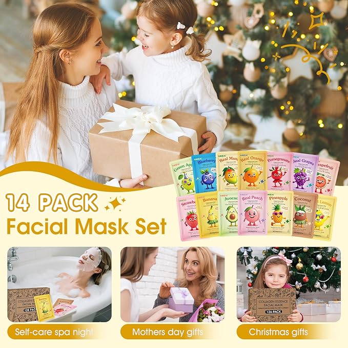 126 Pack Sheet Hydrating Face Masks Skincare for Women, Bulk Fruit Face Mask Skin Care for Kids, Facial Masks Set for All Skin Types, Christmas Birthday Gifts, Spa Party Supplies for Girls Teens
