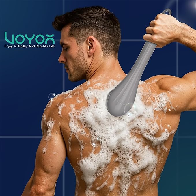 VOYOR Electric Body Brush Back Scrubber Silicone Body Scrubber Two-Way Rotating Brush Head for Deep Cleaning, Exfoliation, 4 Attachments Long Handle IPX6 Rechargeable Shower Brush BC300 (Grey)