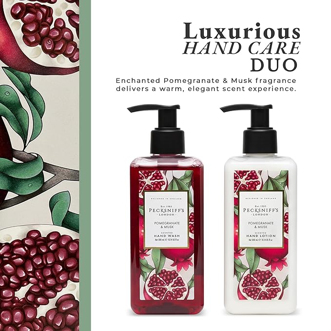 Pecksniffs Moisturizing Hand Wash and Hand & Body Lotion Caddy Set - Enchanted Winter Hand Care Duo, Pomegranate & Musk, Hard Box