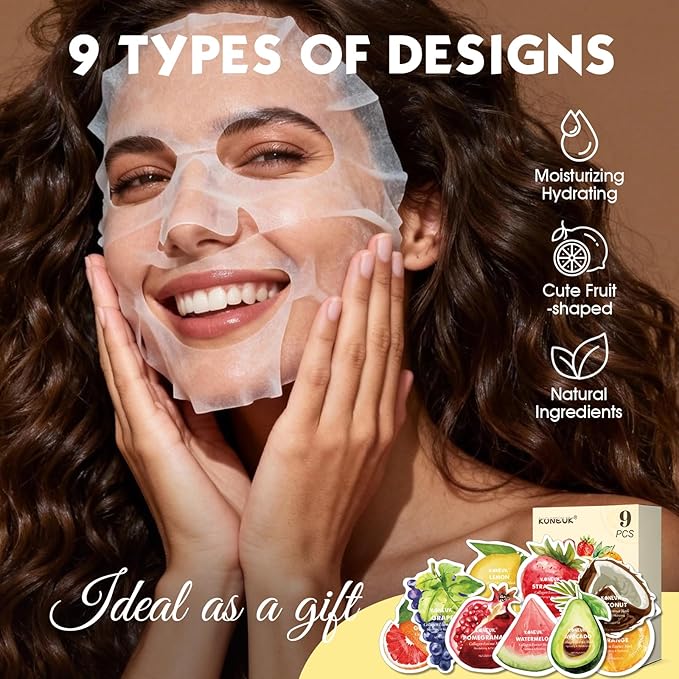 9 Pack Fruit Shaped Face Masks Skincare for Women, Collagen Hydrating Sheet Face Mask for Christmas Gifts, Bulk Facial Masks for Spa Party Gifts and Stocking Stuffers