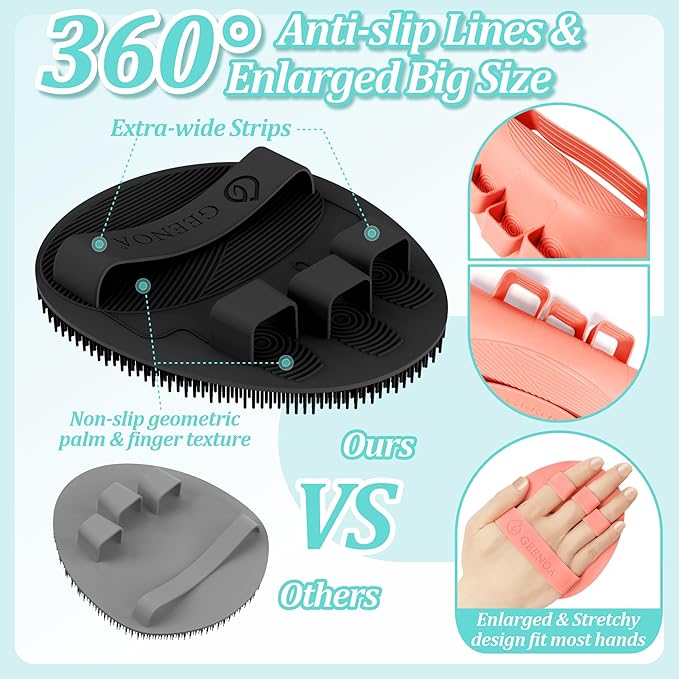 Soft Silicone Bath Gloves 4PC, 360° Anti-slip & Enlarged Silicone Body Scrubber for Rich Foaming Deep Cleaning, Revolutionary No-grip & Hand-fit Shower Scrubber for All Skin Types(Black/Pinkx2)