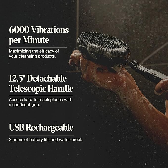 Black Wolf Body Wash & Sonic Scrubber Pro Kit for Men - Vibrating Face & Body Brush with Charcoal Powder Shower Gel, Water Resistant Massage Brush & Salicylic Acid Body Wash, Rich Lather & Deep Clean