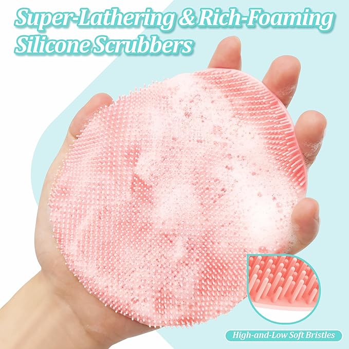 Silicone Bath Gloves 2PCS, 360° Anti-Slip Silicone Body Scrubber for Rich Foaming Deep Cleaning, Revolutionary No-Grip & Hand-fit Design Shower Scrubber for All Skin Types.(Black+Light Pink)